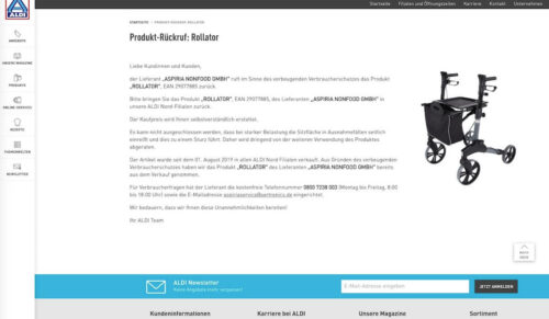 Auf seiner Webseite ruft der Discounter Aldi Nord einen Rollator zurück. (Screenshot: www.aldi-nord.de)