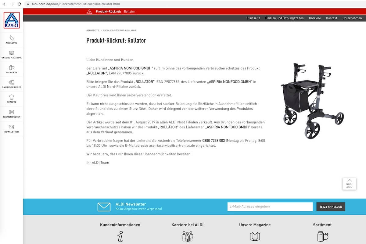 Auf seiner Webseite ruft der Discounter Aldi Nord einen Rollator zurück. (Screenshot: www.aldi-nord.de)