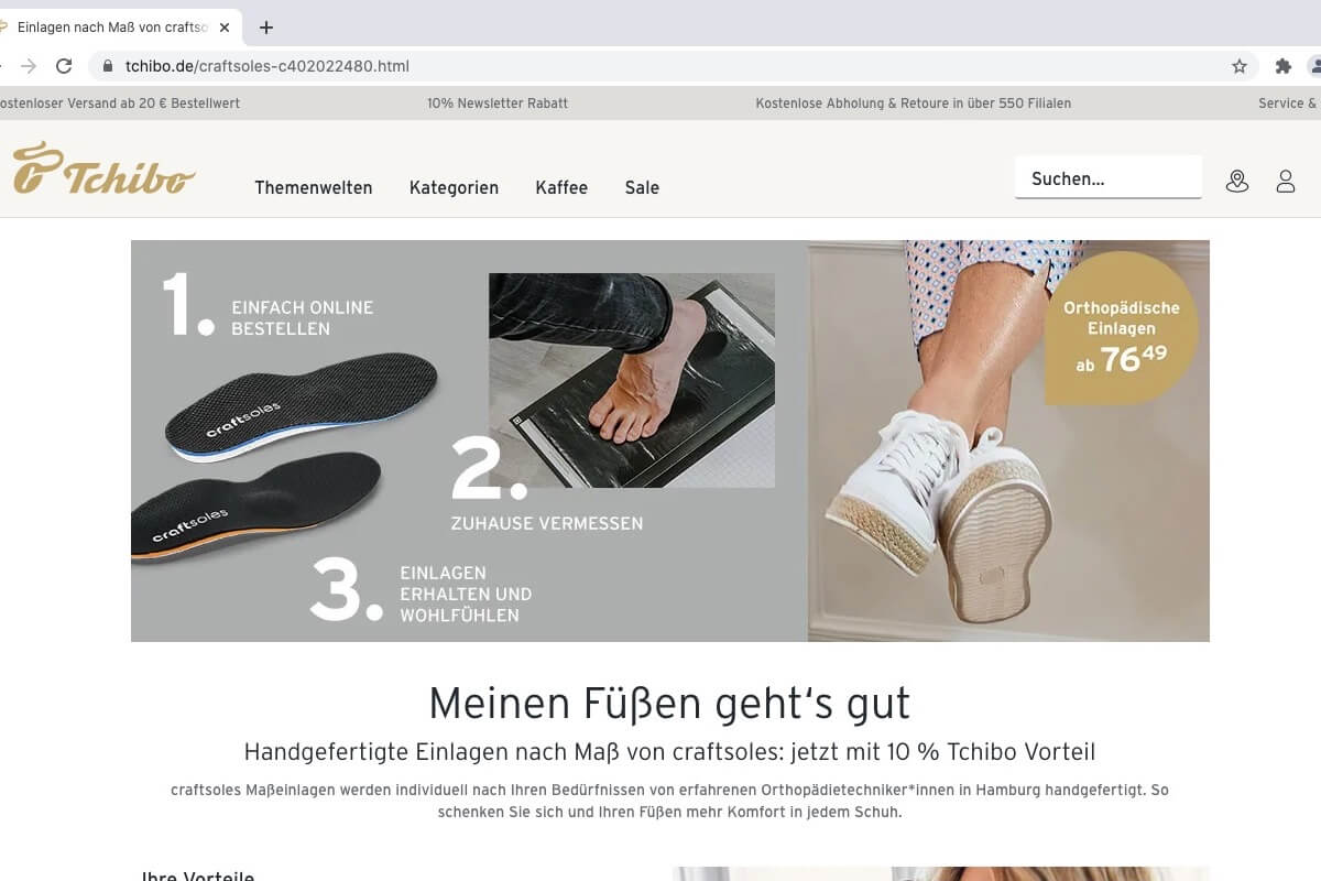 Craftsoles bietet Einlagen über die Webseite von Tchibo an. (Foto: Screenshot)