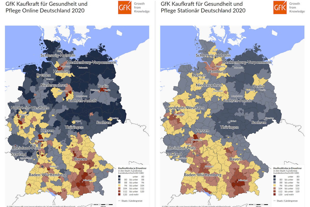 Das GfK-Karten zeigen die regionale Verteilung der Kaufkraft für Gesundheits- und Pflegeprodukte in Deutschland im Jahr 2020 (Grafik: GFK)