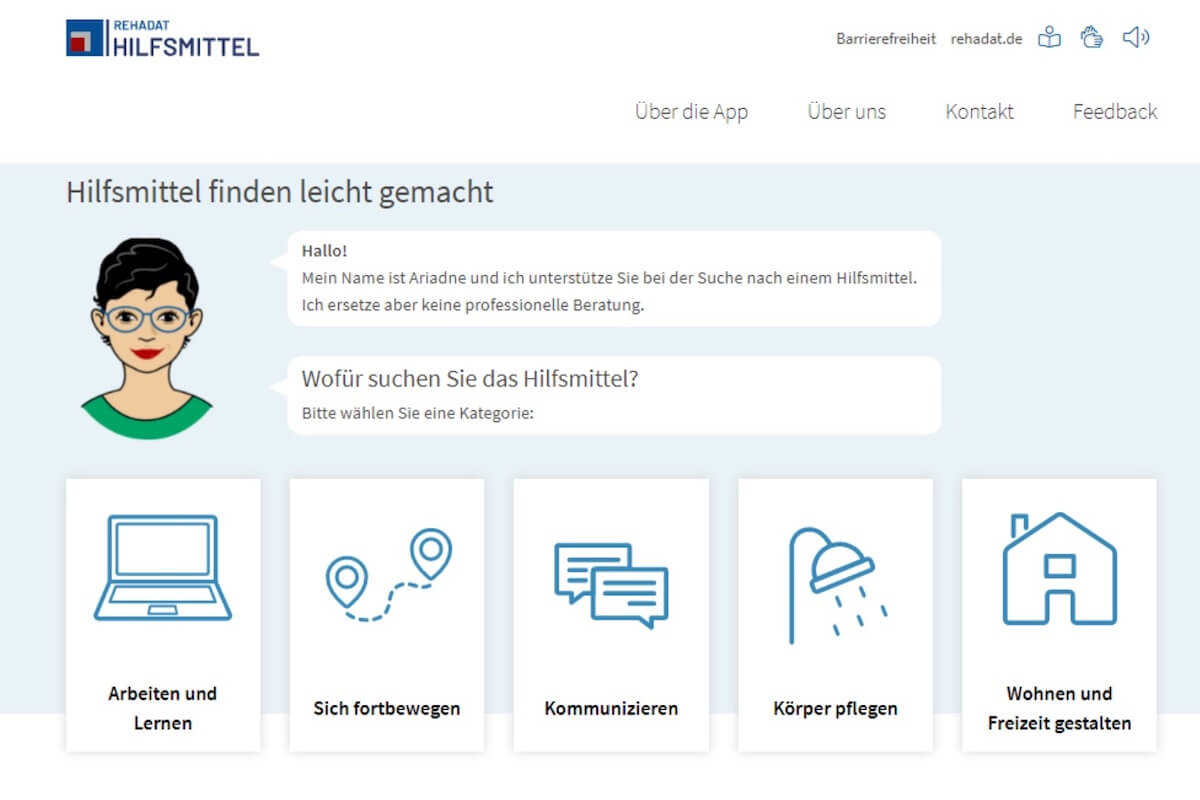 Nach maximal vier Fragen will der Hilfsmittelfinder Nutzerinnen und Nutzer zu Hilfsmitteln für unterschiedliche Aktivitäten führen. (Foto: Rehadat)