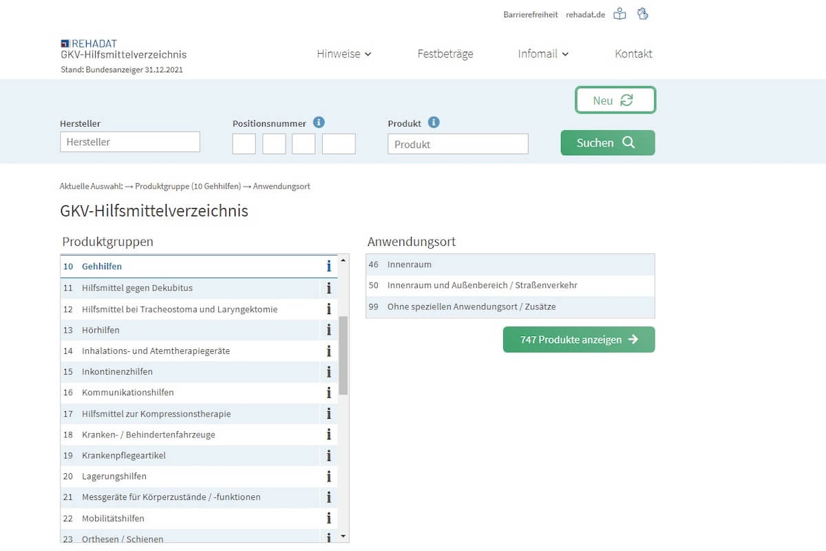 Unter www.rehadat-gkv.de können sich Interessierte über das Hilfsmittelverzeichnis informieren. (Screenshot: Rehadat)