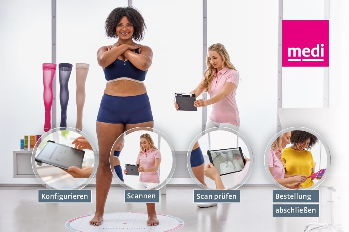 medi vision unterstützt die Expertise der Fachkraft und begleitet den kompletten Prozess – vom Maßnehmen über die Auswahl medizinischer Kompressionsstrümpfe bis zur Bestellung. (Foto: www.medi.de)